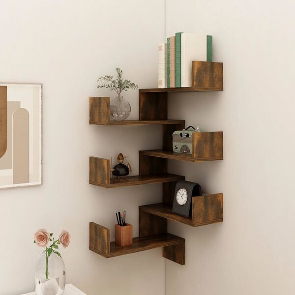 vidaXL Wall Corner Shelf Set of 2 Smoked Oak Engineered Wood Medium