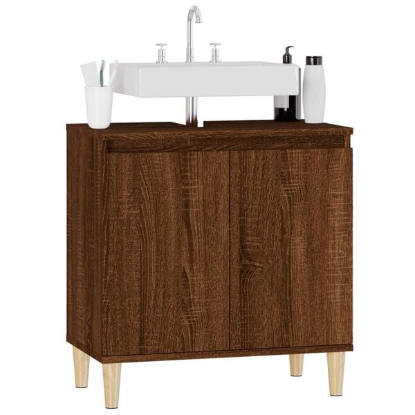 vidaXL Sink Cabinet Brown Oak Engineered Wood, Solid Eucalyptus Wood
