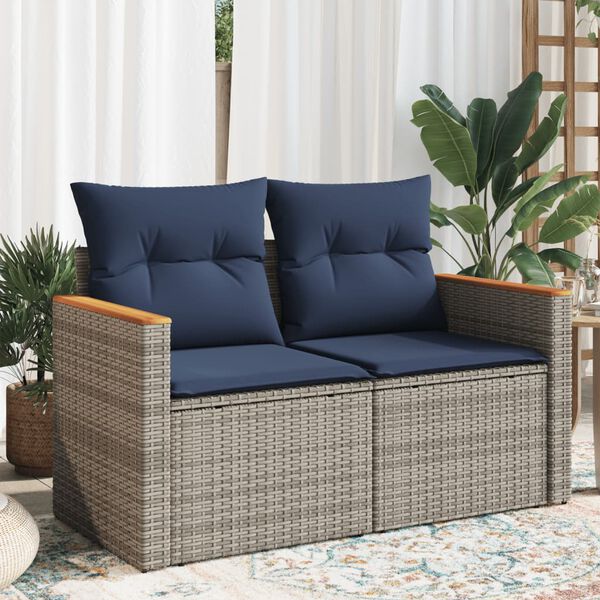 vidaXL Patio Sofa with Cushions 2-Seater Gray Poly Rattan