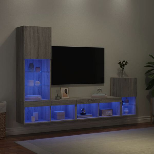 vidaXL TV Wall Unit Grey sonoma Engineered wood, glass Large