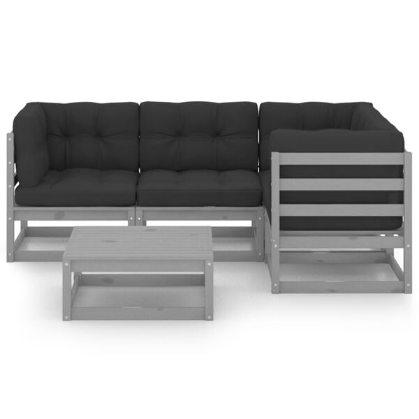 vidaXL Garden Lounge Set Grey Solid pine wood, fabric (100% polyester)