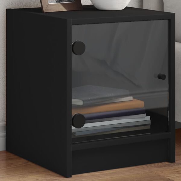 vidaXL Nightstand Black Engineered wood, glass 13.8 x 14.6 x 16.5 in