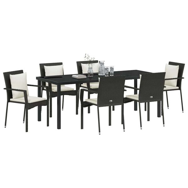 vidaXL Garden Dining Set with Cushion 7 pcs Black Poly Rattan