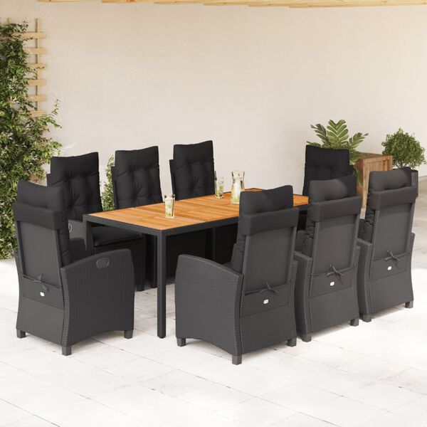 vidaXL 9 Piece Patio Dining Set with Cushions Black Poly Rattan