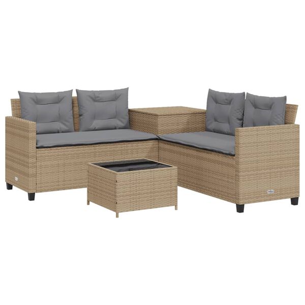 vidaXL Patio Sofa with Table and Cushions L-Shaped Beige Poly Rattan