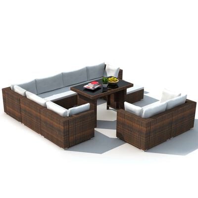 Brown wicker outdoor sectional with light gray cushions and matching chairs around a square table