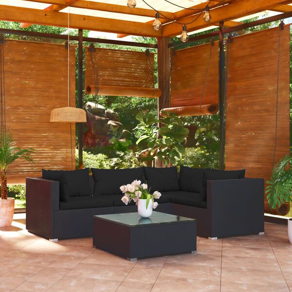 vidaXL Garden Lounge Set Black PE rattan, powder-coated steel, plastic