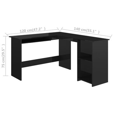 vidaXL L-Shaped Corner Desk High Gloss Black 47.2"x55.1"x29.5" Engineered Wood