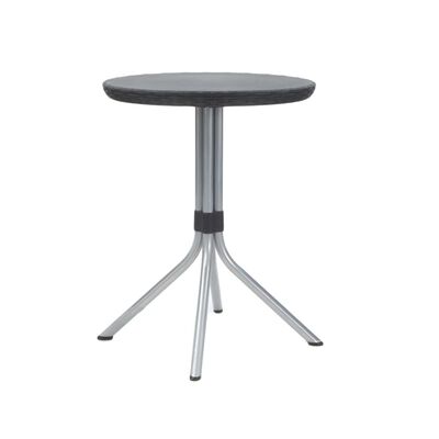 Round table with a black top and a metal pedestal base with four legs.