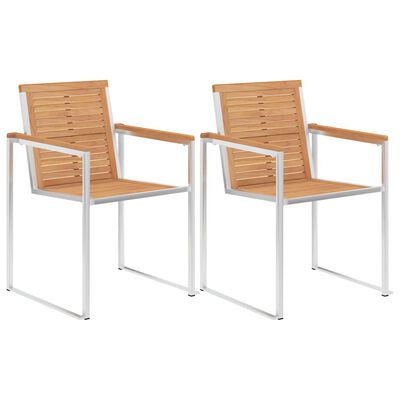 Two identical wooden slat chairs with white metal frames