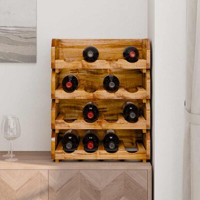Close-up of wood wine rack showing bottle slots and circular Holders.