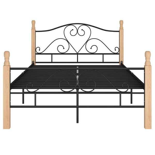 vidaXL Bed Frame Black and Natural Oak Powder-coated metal, Oak wood Full