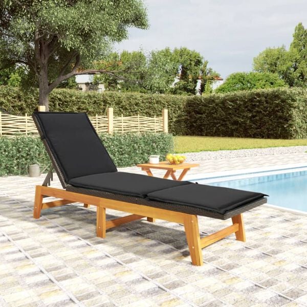 vidaXL Sun Lounger Black and Brown PE rattan, solid acacia wood, steel