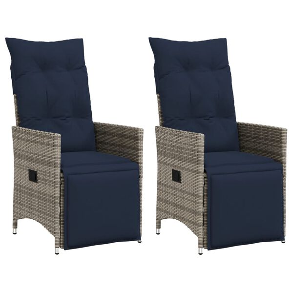 vidaXL Reclining Patio Chairs 2 pcs with Cushions Gray Poly Rattan