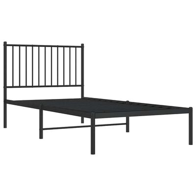 Black metal bed frame with slatted base and headboard, assembled