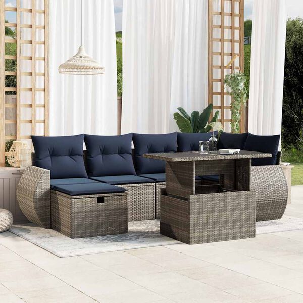 vidaXL 7 Piece Garden Sofa Set with Cushions Grey Poly Rattan