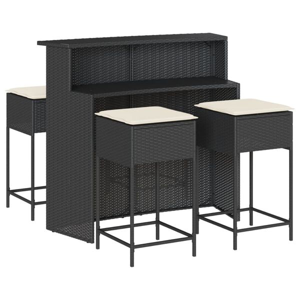 vidaXL 5 Piece Patio Bar Set with Cushions Black Poly Rattan
