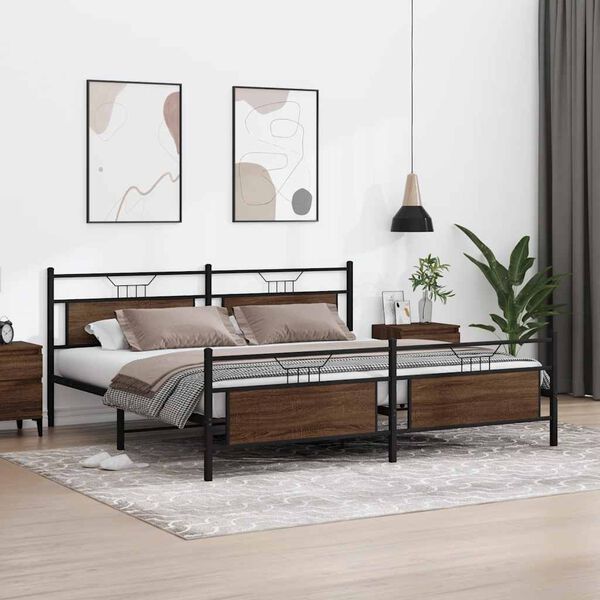 vidaXL Bed Frame Brown Oak Steel, Engineered wood Full Bed Frame