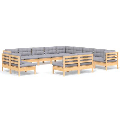 vidaXL 13 Piece Patio Lounge Set with Gray Cushions Solid Pinewood