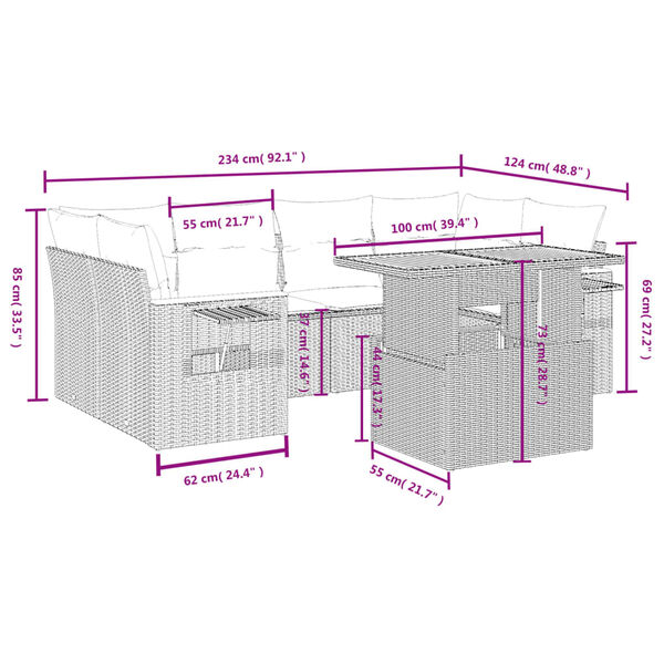vidaXL 7 Piece Patio Sofa Set with Cushions Gray Poly Rattan