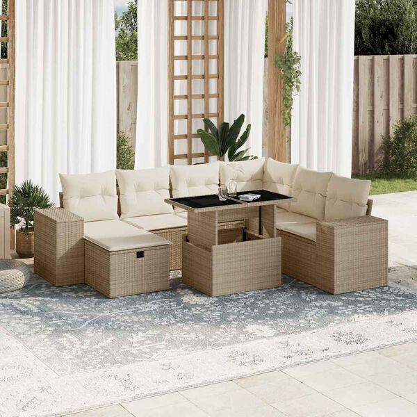 vidaXL Garden Sofa Set Beige PE Rattan, Powder-coated Steel, Tempered Glass