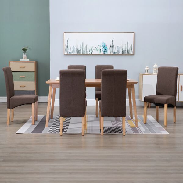 vidaXL Dining Chair Set of 6 Brown Fabric, Wood Ergonomic Dining Chair