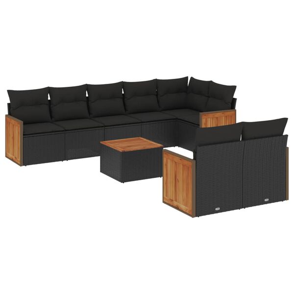 vidaXL Garden Sofa Set Black PE Rattan, Fabric (100% Polyester), Acacia wood