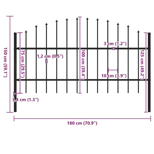 vidaXL Garden Fence with Spear Top Steel 71.3"x39.4" Black