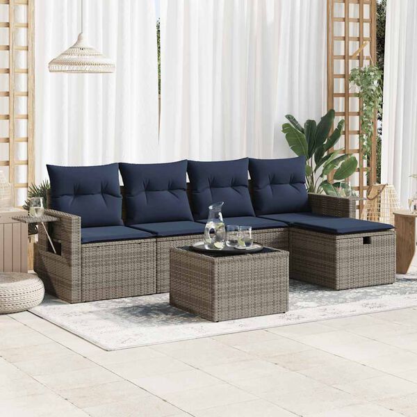 vidaXL 5 Piece Patio Sofa Set with Cushions Gray Poly Rattan