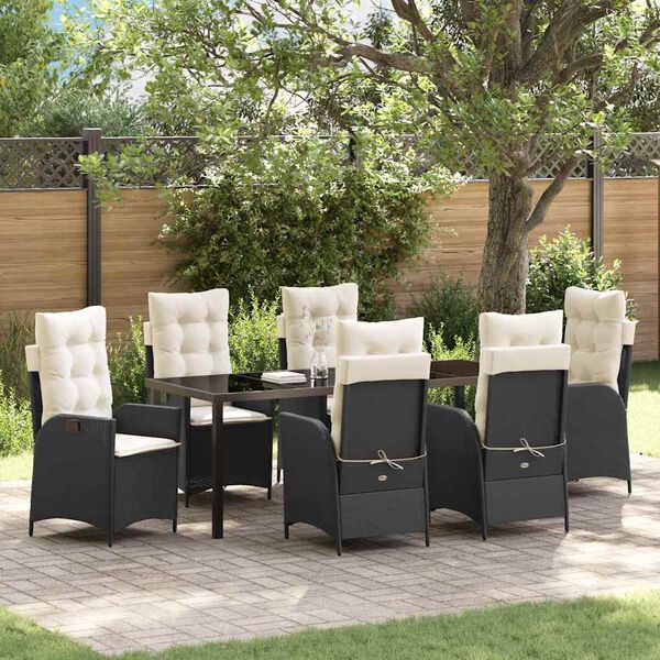 vidaXL Garden Dining Set with Cushion 7 pcs Black Poly Rattan