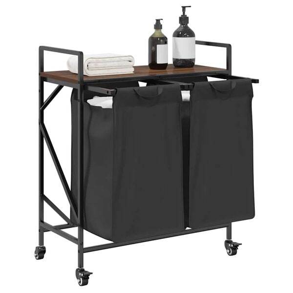 vidaXL Laundry Basket 2 Compartments with Wheels Brown Oak