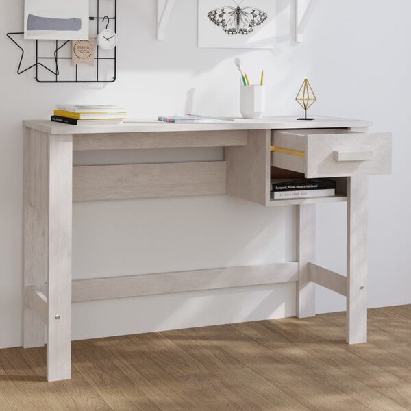 vidaXL Desk White Solid Pinewood Medium Desk Rectangular Traditional