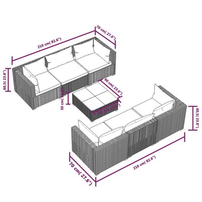 Diagram with dimensions of modular sectional seating pieces and ottoman in pink measurements.