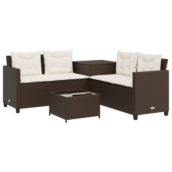 vidaXL Patio Sofa with Table and Cushions L-Shaped Brown Poly Rattan