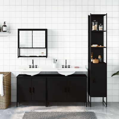 Black bathroom storage vanity with two sinks, wall mirror cabinet, and a tall tall slim cabinet on the right.