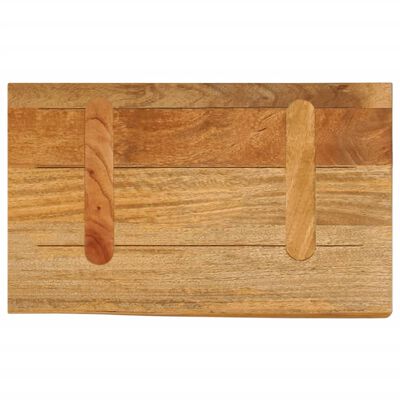 A decorative wooden cutting board with two integrated handles cutouts in the front, laid horizontally.