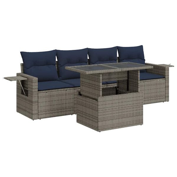 vidaXL 5 Piece Patio Sofa Set with Cushions Gray Poly Rattan
