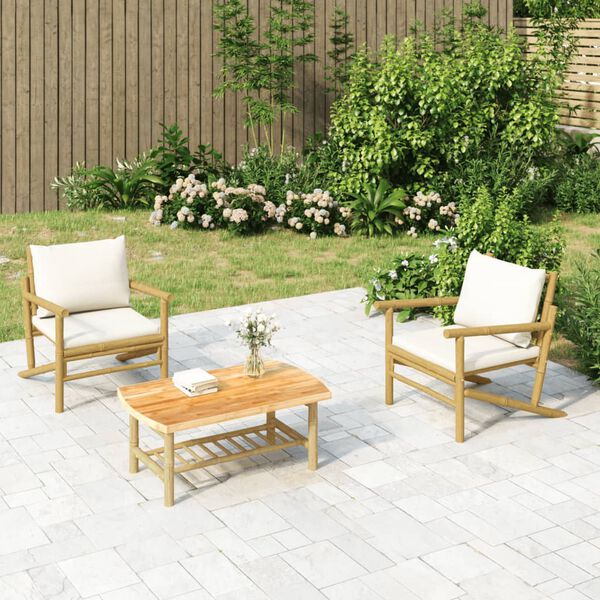 vidaXL Garden Lounge Set Bamboo with cream white cushions