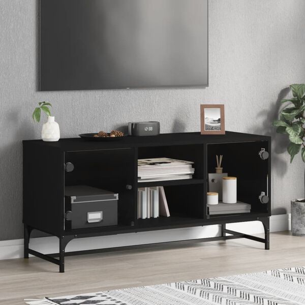 vidaXL TV Cabinet Black Engineered wood, glass, steel Medium Doors