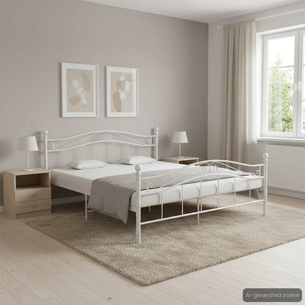 vidaXL Bed Frame White Powder-coated metal Double Durable Bed Frame