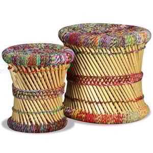 vidaXL Stool Set of 2 Multicolor Bamboo and Chindi with Iron Frame