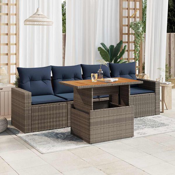 vidaXL 5 Piece Patio Sofa Set with Cushions Gray Poly Rattan