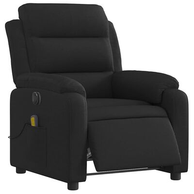 Close-up of black recliner armchair from front-left angle.