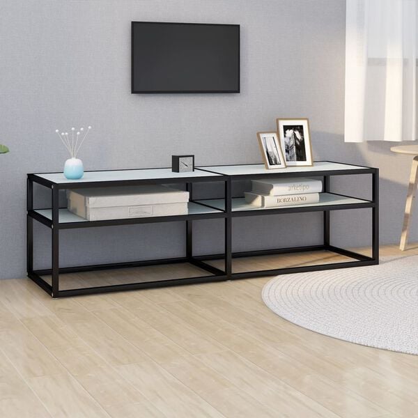 vidaXL TV Cabinet Black and White Marble Tempered Glass, Powder-Coated Steel