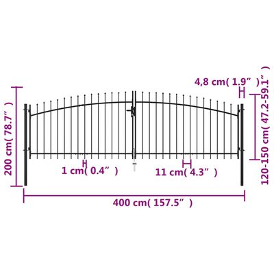 vidaXL Double Door Fence Gate with Spear Top 157.5"x78.7"