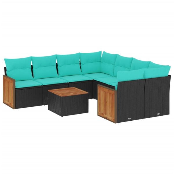 vidaXL 9 Piece Garden Sofa Set with Cushions Black Poly Rattan