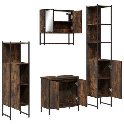 Group of rustic brown bathroom storage units: tall cabinet, wall cabinet with mirror, vanity cabinet, and open shelf.
