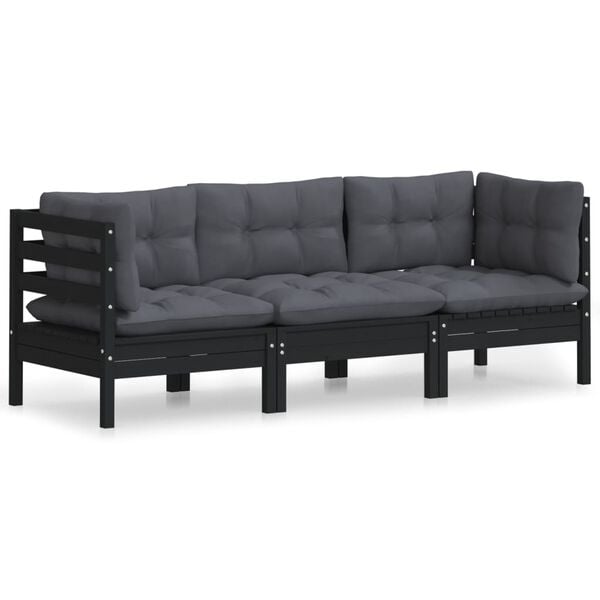 vidaXL 3-Seater Outdoor Sofa Black with Anthracite Cushions