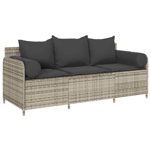 vidaXL Patio Sofa with Cushions 3-Seater Light Grey Poly Rattan