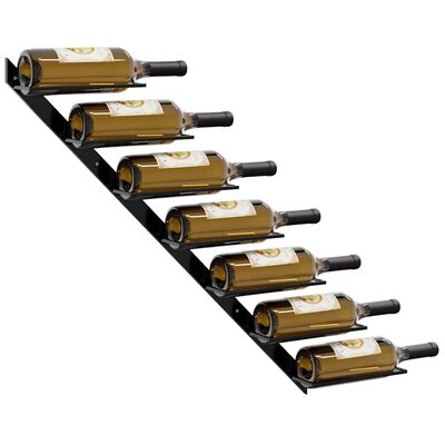 Wine rack on a diagonal black metal beam with several horizontal bottle slots containing bottles.